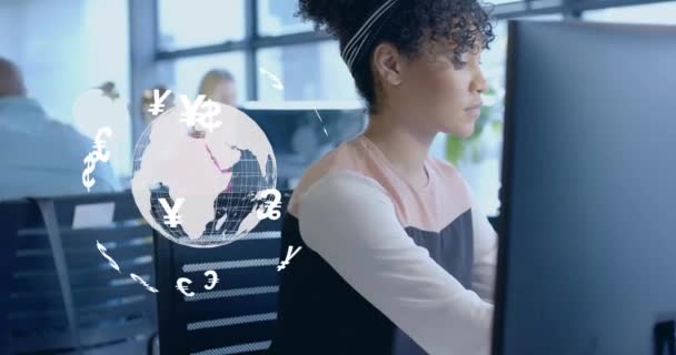 Animation Currency Icons Globe Biracial Woman Using Computer Global Finance — Stock Video