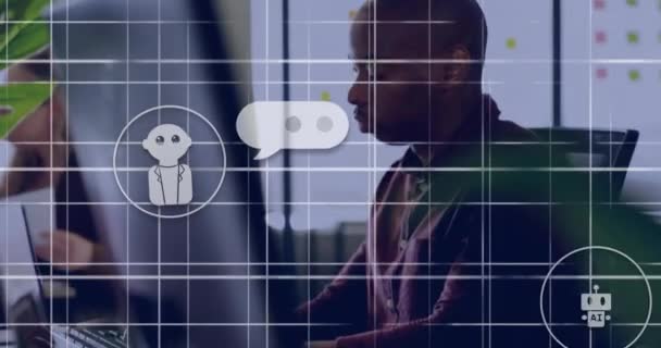 Aiテキスト チャットボット アフリカ系アメリカ人のデータ処理のアニメーション グローバル人工知能 コンピューティング データ処理コンセプトデジタル生成ビデオ — ストック動画