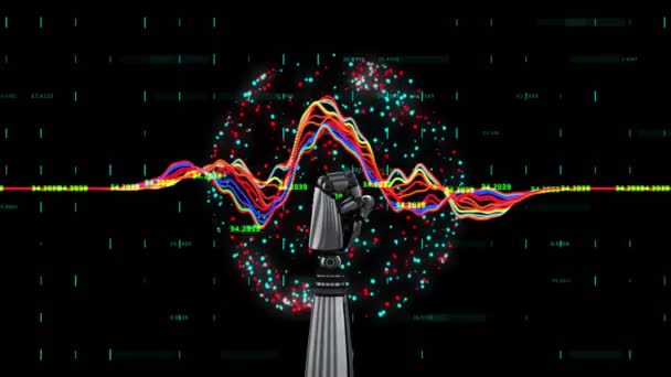 机器人臂球体的动画 在黑色背景上具有连接和数据处理功能 全球人工智能 计算和数据处理概念数字生成的视频 — 图库视频影像