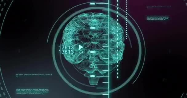 ブラックバックグラウンドで処理する人間の脳とデジタルデータのアニメーション グローバルサイエンス コネクション コンピューティング データ処理コンセプトデジタル生成ビデオ — ストック動画