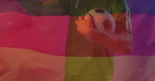 德国国旗在带球的高加索男子足球运动员身上的动画 竞争和积极生活方式概念数码视频 — 图库视频影像