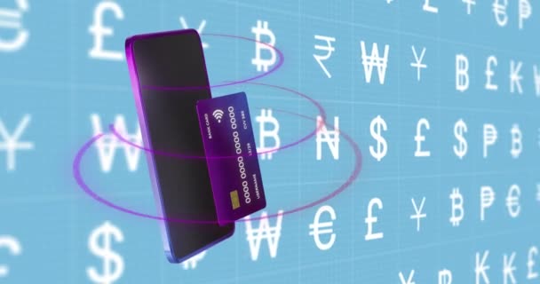Анимация Смартфона Валюты Кредитной Карты Синем Фоне Глобальная Концепция Онлайн — стоковое видео
