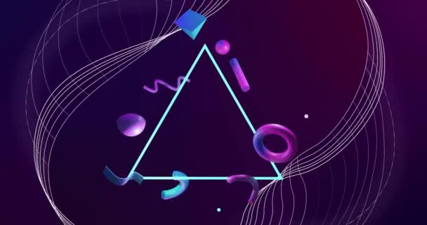 Анимация Сетевых Линий Трехмерных Синих Фиолетовых Фигур Вращающихся Вокруг Треугольника — стоковое видео