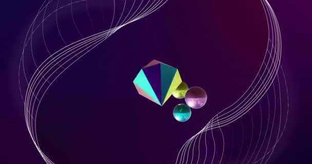 어두운 배경에서 회전하는 구체와 다이아몬드 네트워크 라인의 애니메이션 네트워크 데이터 — 비디오