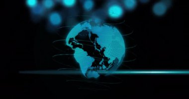 Siyah arkaplan üzerinde dijital veri işleme ve küre animasyonu. Dijital olarak oluşturulmuş küresel bağlantılar, hesaplama ve veri işleme kavramı.