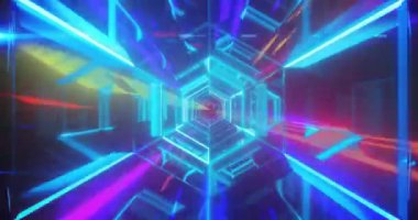 Parlak renkli hareket eden ışıkların üzerindeki mavi neon tünel yapısının animasyonu. İşlem, veri, enerji, ışık, bağlantı, işleme, teknoloji ve iletişim, dijital olarak oluşturulmuş video.