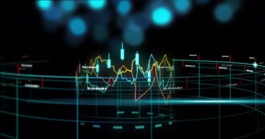 Finansal veri işleme animasyonu siyah arka planda dünya çapında. Küresel finans, iş, bağlantılar, hesaplama ve veri işleme kavramı dijital olarak oluşturulmuş video.