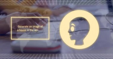 Ai metin, beyin ve veri işleme animasyonları, bilgisayar kullanan beyaz kadın üzerinde işleniyor. Dijital olarak oluşturulmuş küresel yapay zeka, bağlantılar, hesaplama ve veri işleme kavramı.