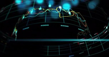 Finansal veri işleme animasyonu siyah arka planda dünya çapında. Küresel finans, iş, bağlantılar, hesaplama ve veri işleme kavramı dijital olarak oluşturulmuş video.