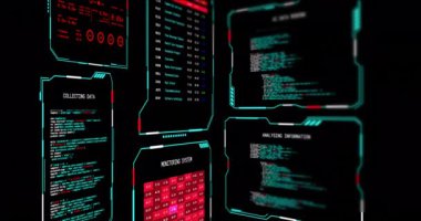 Siyah arkaplan üzerindeki ekranlarda dijital veri işleme animasyonu. Dijital olarak oluşturulmuş küresel bağlantılar, hesaplama ve veri işleme kavramı.