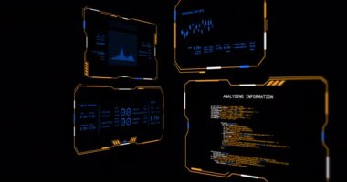 Siyah arkaplan üzerindeki ekranlarda dijital veri işleme animasyonu. Dijital olarak oluşturulmuş küresel bağlantılar, hesaplama ve veri işleme kavramı.