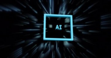 Siyah arkaplan üzerinde ai metin ve dijital veri işleme animasyonu. Dijital olarak oluşturulmuş küresel yapay zeka, bağlantılar, hesaplama ve veri işleme kavramı.