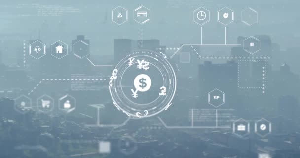 Animace Ikon Digitálních Měn Zpracování Dat Celém Městě Globální Finance — Stock video
