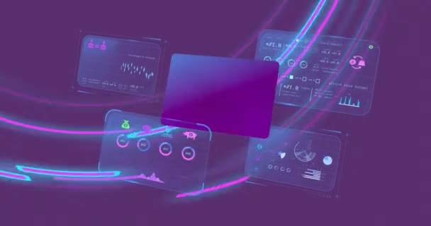 紫色の背景のデータとクレジットカードによるスクリーンのアニメーション グローバルなオンラインバンキング ビジネス コネクション データ処理のコンセプトがデジタル生成されたビデオ — ストック動画