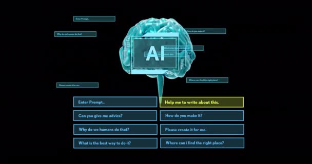 Animatie Van Tekst Menselijke Hersenen Digitale Gegevensverwerking Zwarte Achtergrond Mondiale — Stockvideo
