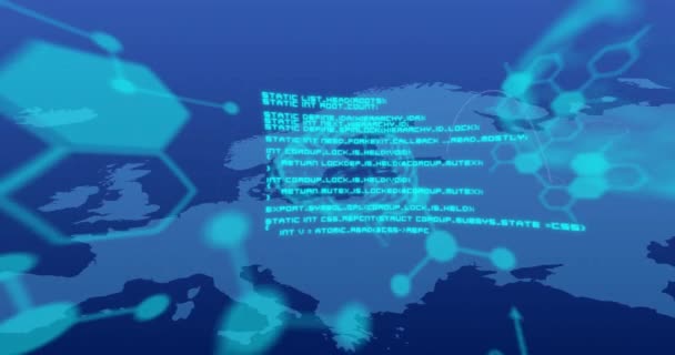 ヨーロッパの背景の地図上の人間の脳とデジタルデータ処理のアニメーション グローバルサイエンス コネクション コンピューティング データ処理コンセプトデジタル生成ビデオ — ストック動画