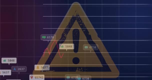 Animation Der Finanzdatenverarbeitung Über Ausrufezeichen Auf Gelbem Dreieck Verkehrsschild Globales — Stockvideo