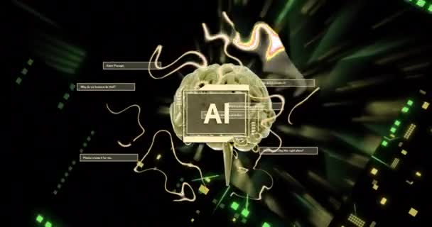 Animation Von Text Menschlichem Gehirn Und Digitaler Datenverarbeitung Auf Schwarzem — Stockvideo