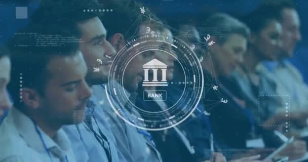 Animering Bank Och Valuta Ikoner Över Olika Affärsmän Global Internetbank — Stockvideo