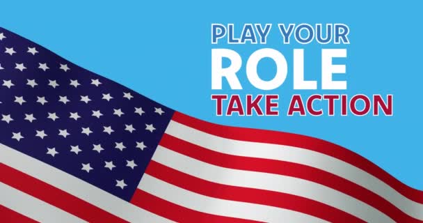 Rolünüzü Oynayın Aksiyon Metnini Alın Mavi Üzerine Amerikan Bayrağı Sallayın — Stok video