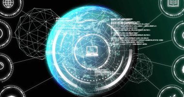 Veri resimleri, simgeler, bağlantılar ve siyah arkaplan üzerindeki dünya. Ağ, bağlantılar ve teknoloji konsepti dijital olarak oluşturuldu,