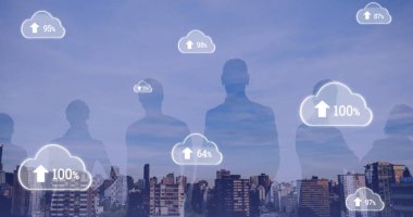 Okları olan ve şehir planında büyüyen beyaz bulutların görüntüsü. küresel ağlar, bağlantılar ve teknoloji konsepti dijital olarak oluşturulmuş görüntü.