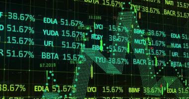 Finansal veri işleme resmi ve karanlık arkaplan üzerinde grafik. Küresel iş, finans ve veri işleme kavramı dijital olarak oluşturulmuş görüntü.