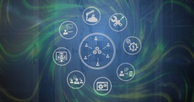 Dijital dalgalar üzerinden boş sunucu odasına karşı dijital simge ağının dijital görüntüsü. küresel ağ ve teknoloji kavramı