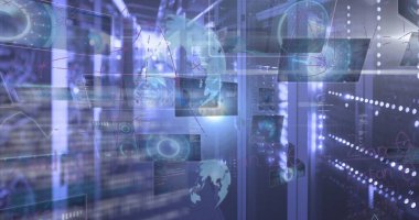 Ekranlardaki dürbün görüntüleri, matematiksel denklemler ve bilgisayar sunucuları üzerinde veri işleme. Küresel hesaplama, bağlantılar ve veri işleme kavramı dijital olarak oluşturulmuş resim.