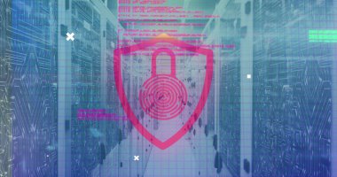 Sunucu odasının üzerindeki asma kilit resmi. küresel iş, bağlantılar, veri işleme ve teknoloji konsepti dijital olarak oluşturulmuş görüntü.