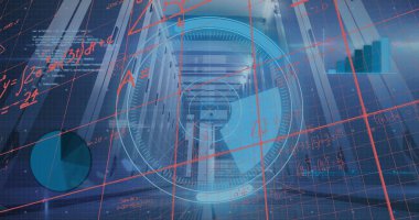 Bilgisayar sunucu odasına karşı yuvarlak tarayıcı, matematiksel denklemler ve veri işleme resmi. İş veri depolama teknolojisi kavramı