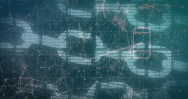 Zincirler ve medya simgeleri üzerinde veri işleme resmi. Küresel iş ve dijital arayüz kavramı dijital olarak oluşturulmuş görüntü
