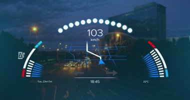 Şehrin her yerinde şarj olan batarya simgesi ve hız göstergesi ile arayüz görüntüsü. Enerji, enerji ve yakıt teknolojisi dijital arayüz konsepti dijital olarak oluşturulmuş görüntü.