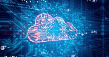 Dijital bulut, matematik sembolleri ve mavi arkaplanda entegre devre. Bulut hesaplama, ağ, bağlantılar ve teknoloji konsepti dijital olarak oluşturulmuş görüntü,