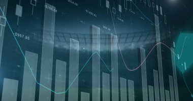 Futbol ve spor stadyumunun finansal veri işleme görüntüsü. Küresel spor, işletme, finans, hesaplama, dijital arayüz ve dijital olarak oluşturulan veri işleme kavramı.