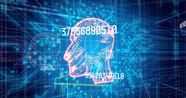 Sayılar ve entegre devreli mavi arkaplan üzerindeki insan kafası. Dijital güvenlik, veri ve teknoloji konsepti dijital olarak oluşturuldu.