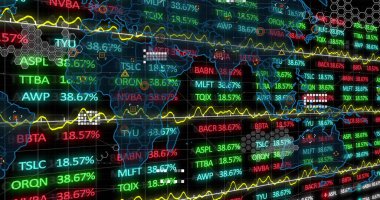 Küresel borsa verilerini temsil eden finansal rakamlara sahip çeşitli grafiklerin resmi. Maliye, dijital olarak oluşturulmuş, veri, analiz, ekonomi, yatırım, küresel pazar.