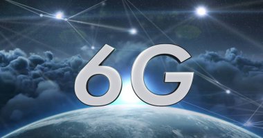 Mavi arkaplanda bağlantıları olan 6G metin görüntüsü. küresel ağlar, bağlantılar ve teknoloji konsepti dijital olarak oluşturulmuş görüntü.
