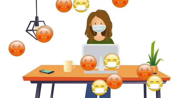 Image of floating emojis with face masks over pictogram of woman in face mask using computer. global technology, coronavirus pandemic and connection concept digitally generated image.