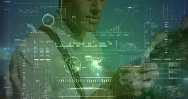 Image of interface with data processing over biracial man using smartphone outdoors. Computer interface and business technology concept