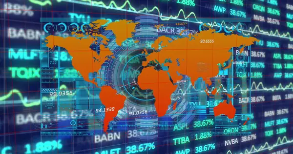 Obrázek Zpracování Finančních Údajů Světová Mapa Tmavém Pozadí Globální Koncepce — Stock fotografie