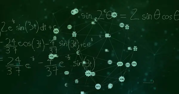 Εικόνα Δικτύου Συνδέσεων Εικονίδια Πάνω Από Μαθηματικές Εξισώσεις Μαύρο Φόντο — Φωτογραφία Αρχείου