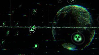 Dünya üzerinde ekolojik simgelerin ve veri işlemlerinin animasyonu. Küresel iş, bağlantılar, hesaplama ve veri işleme kavramı dijital olarak oluşturulmuş video.