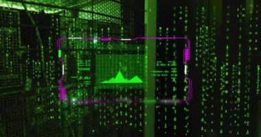 Arayüz ekranındaki çizelgenin animasyonu ve karanlık bilgisayar sunucuları üzerindeki ikili veri işlemesi. Bağlantı, veri, işleme, iş, dijital arayüz ve iletişim, dijital olarak oluşturulmuş video.