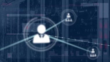 Bilgisayar sunucuları üzerinden insan simgeleriyle bağlantı ağının animasyonu. Dijital olarak oluşturulmuş küresel bağlantılar, hesaplama ve veri işleme kavramı.