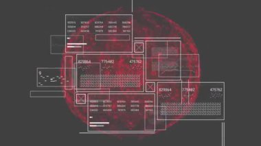 Gri arka plandaki dürbünler üzerinden dijital veri işleme animasyonu. Dijital olarak oluşturulmuş küresel bağlantılar, hesaplama ve veri işleme kavramı.