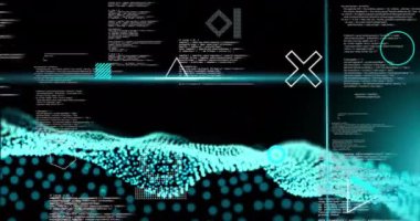 Mavi tarayıcı ışınlarının animasyonu, dönen şekiller ve siyaha işlenen veri üzerindeki ağ dalgaları. Bağlantı, veri, ai, işleme, dijital arayüz ve iletişim, dijital olarak oluşturulmuş video.