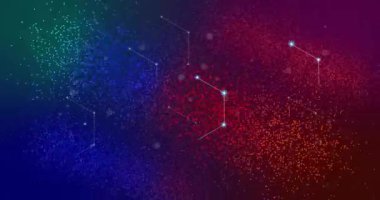 Koyu arkaplanda kırmızı ve mavi DNA iplikçiklerinin üzerinde parlayan beyaz ağların canlandırması. Veri, ai, araştırma, işleme, bağlantı, dijital arayüz ve iletişim, dijital olarak oluşturulmuş video.