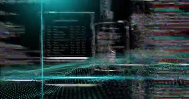 Mavi ağ dalgaları üzerinde, siyah üzerinde veri toplama ve işleme arayüzlerinin animasyonu. Bağlantı, veri, ai, işleme, dijital arayüz ve iletişim, dijital olarak oluşturulmuş video.