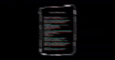 Veri metninin toplanması ve siyah arkaplan üzerinde işlem yapma arayüzünün arızalanması. Bağlantı, veri, işleme, parazit, dijital arayüz ve iletişim, dijital olarak oluşturulmuş video.